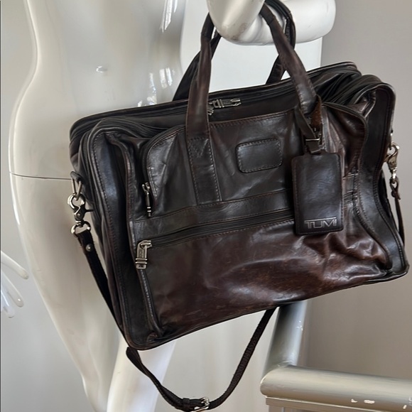 TUMI Alpha Brown Leather Soft Expandable Brief Travel Briefcase w/Shoulder Strap - Picture 1 of 16